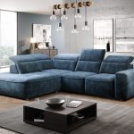 Coltar fix cu mecanism electric Relax si lada de depozitare, cu sezlong pe stanga, tapitat cu stofa Colombo L Albastru, l296xA227xH81 cm